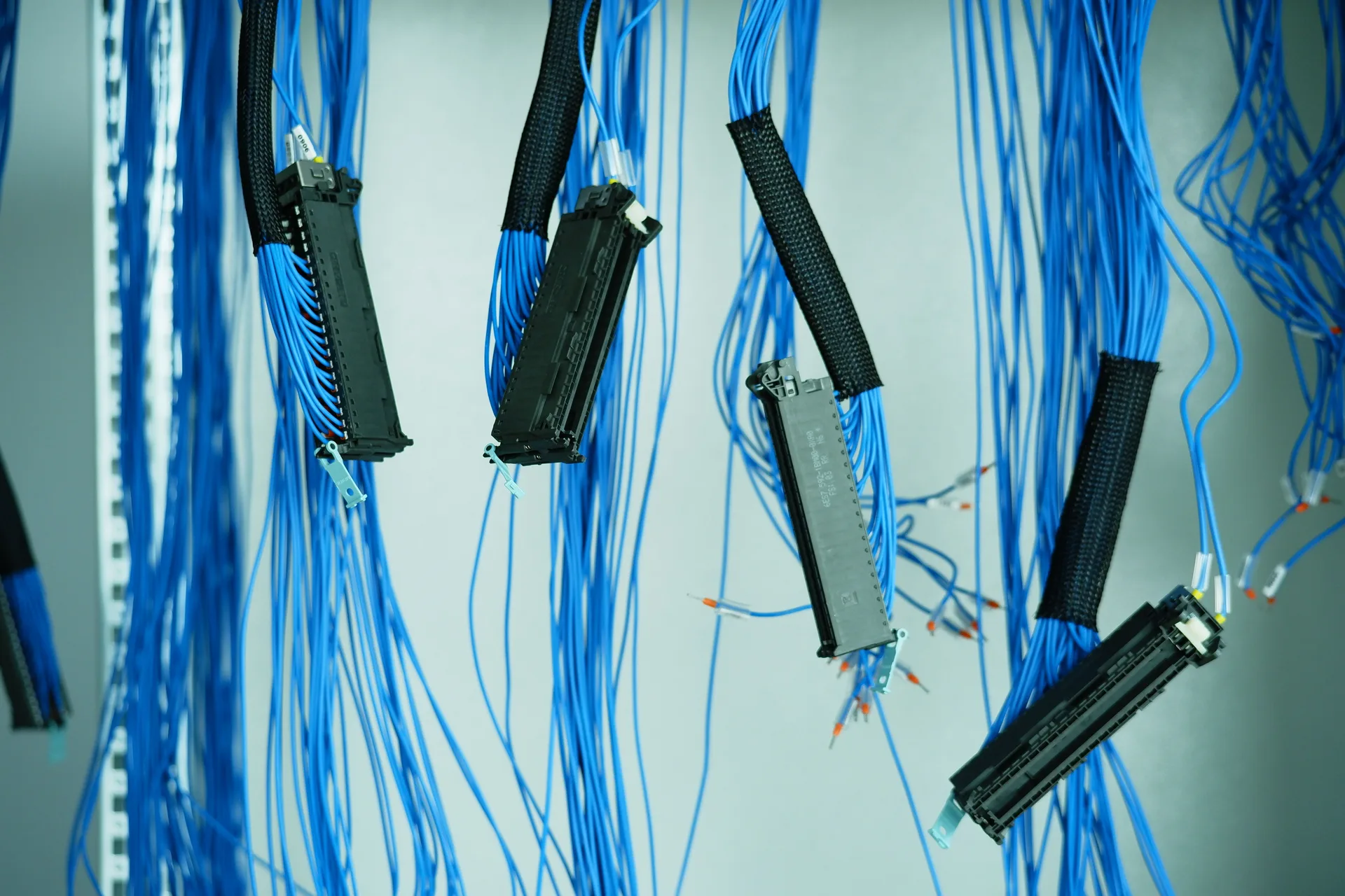 Blue ethernet cables hanging in a row