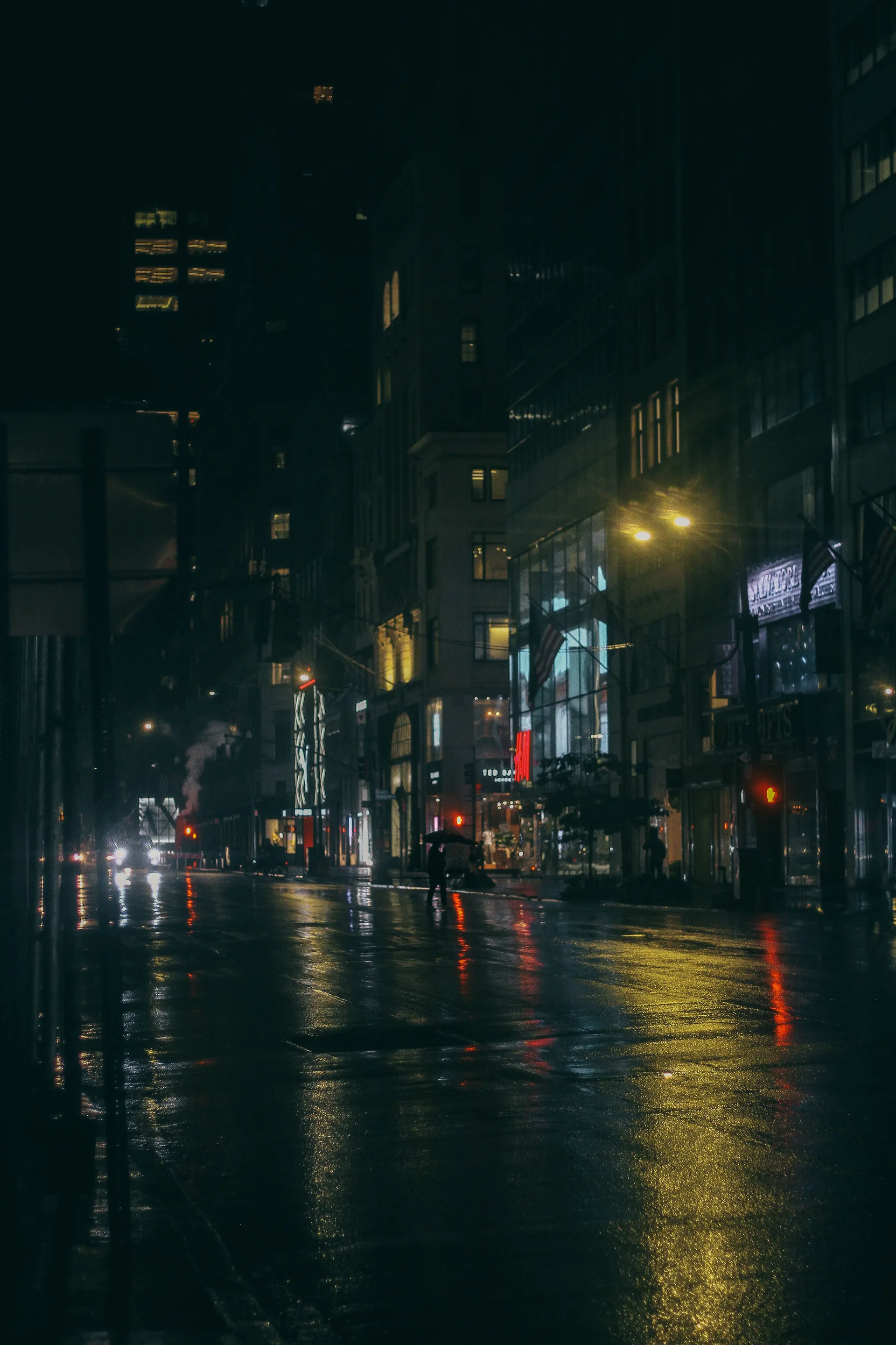 House fronts with glowing lights at dusk beside a wet road