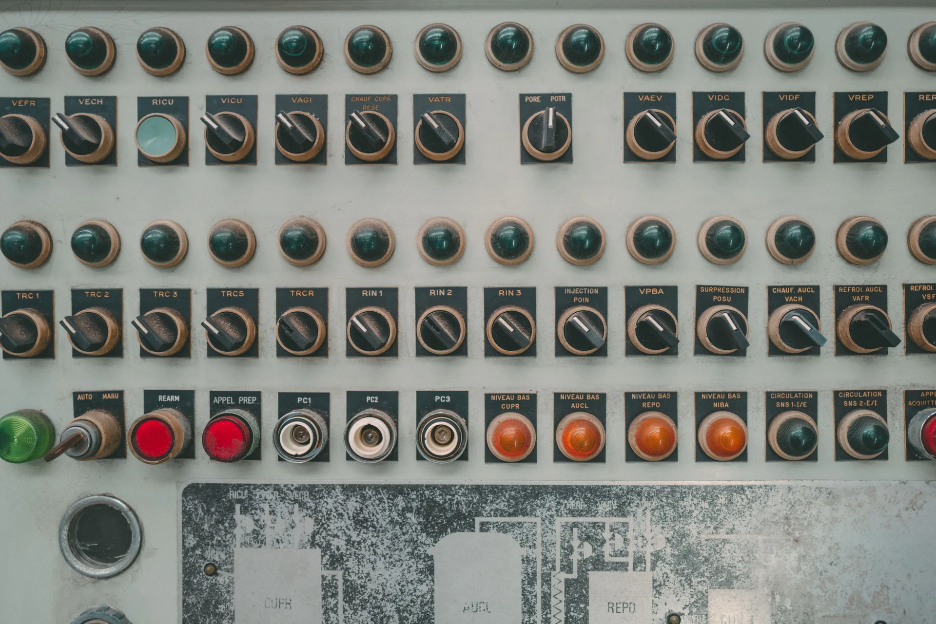 Close-up of a vintage industrial control panel with buttons and switches