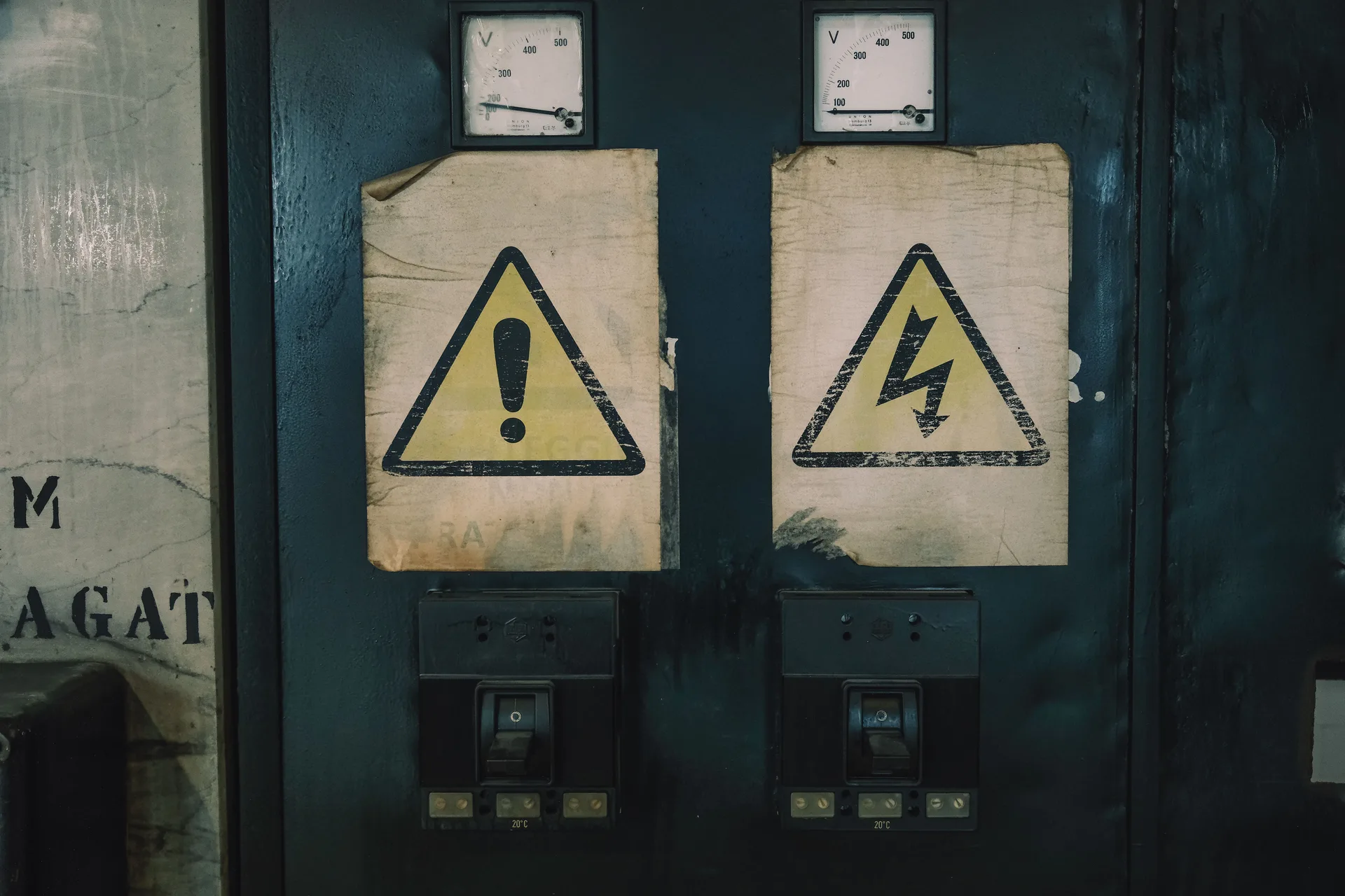 Close-up of warning signs on an aged electrical panel
