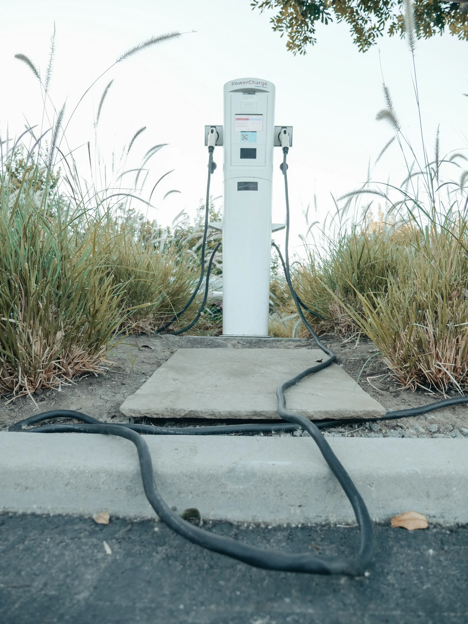 An electric vehicle charging station with cables outdoors among greenery